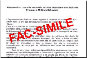 Mémorandum contre une remise du Prix des Droits de l’Homme des Nations Unies, édition 2013...
