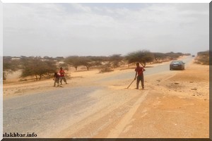 Des adolescents volontaires réparent la route de Rosso